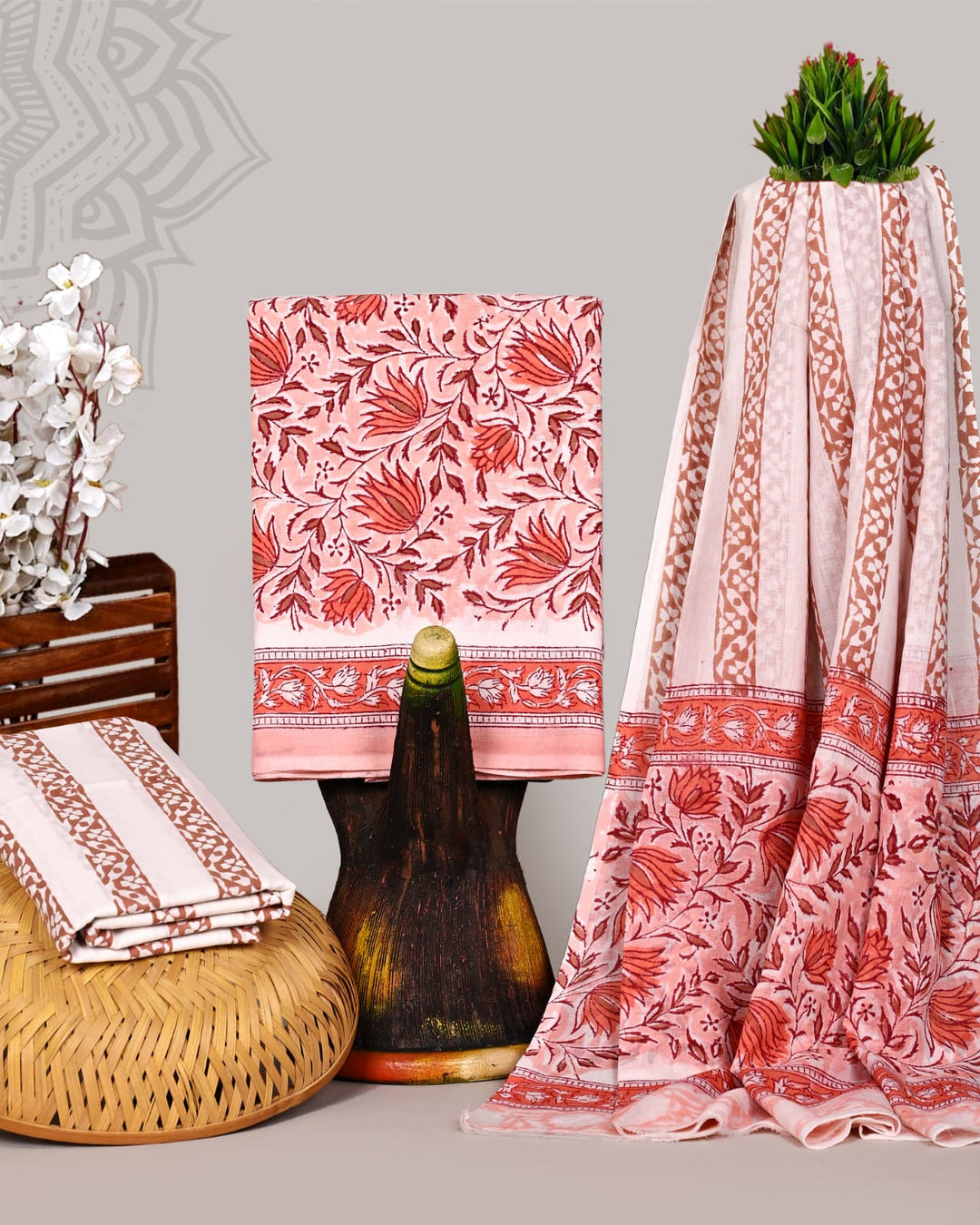 Pure Cotton Hand Block Print Unstitched Suit With Cotton Dupatta.