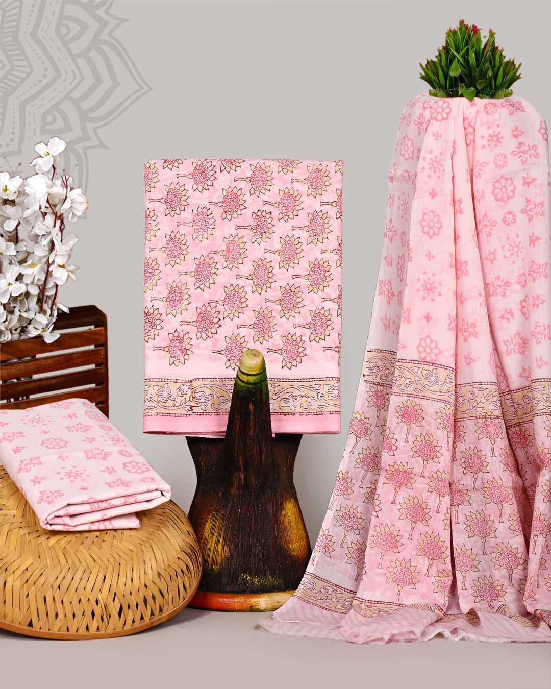 Pure Cotton Hand Block Print Unstitched Suit With Cotton Dupatta.