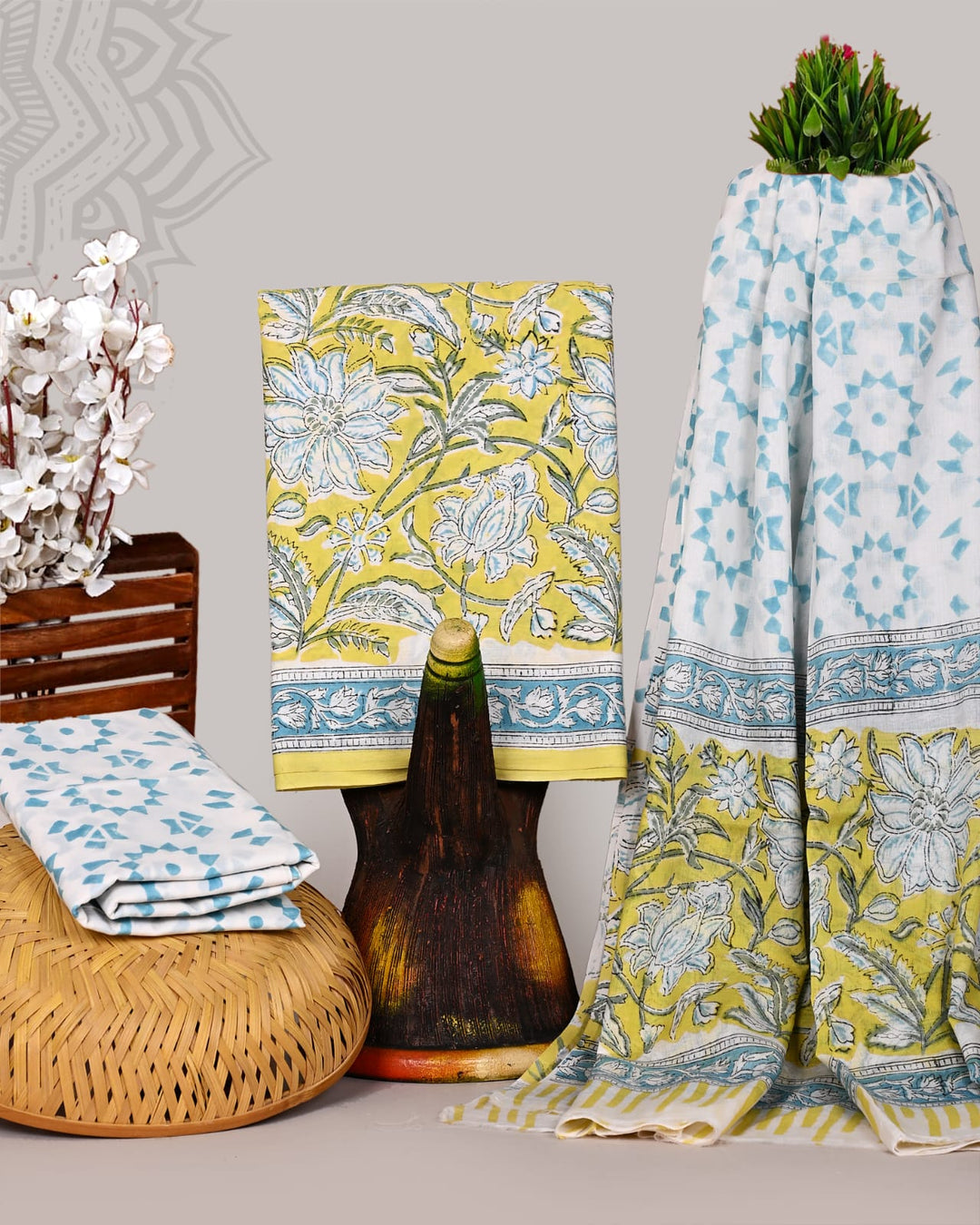 Pure Cotton Hand Block Print Unstitched Suit With Cotton Dupatta.