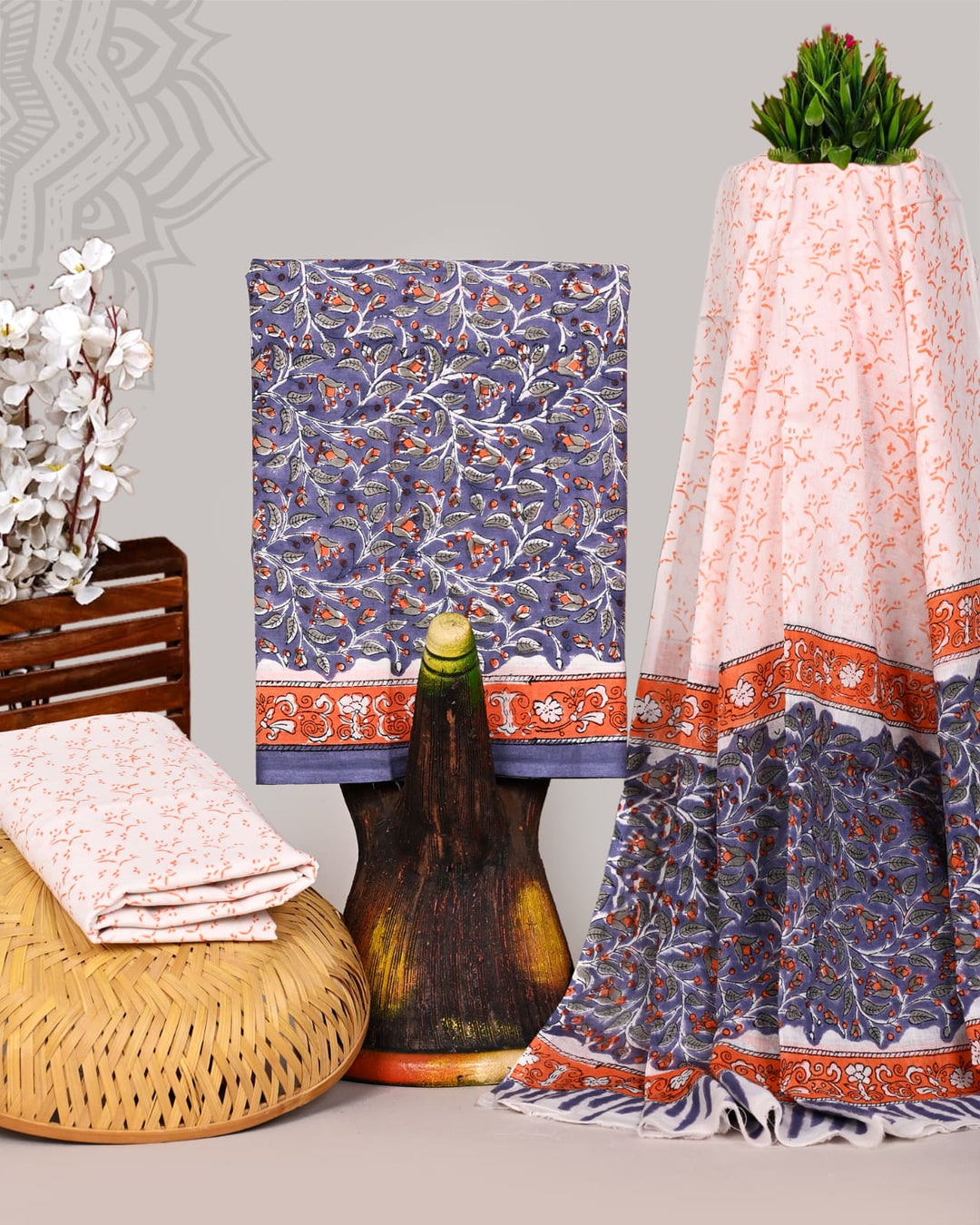 Pure Cotton Hand Block Print Unstitched Suit With Cotton Dupatta.