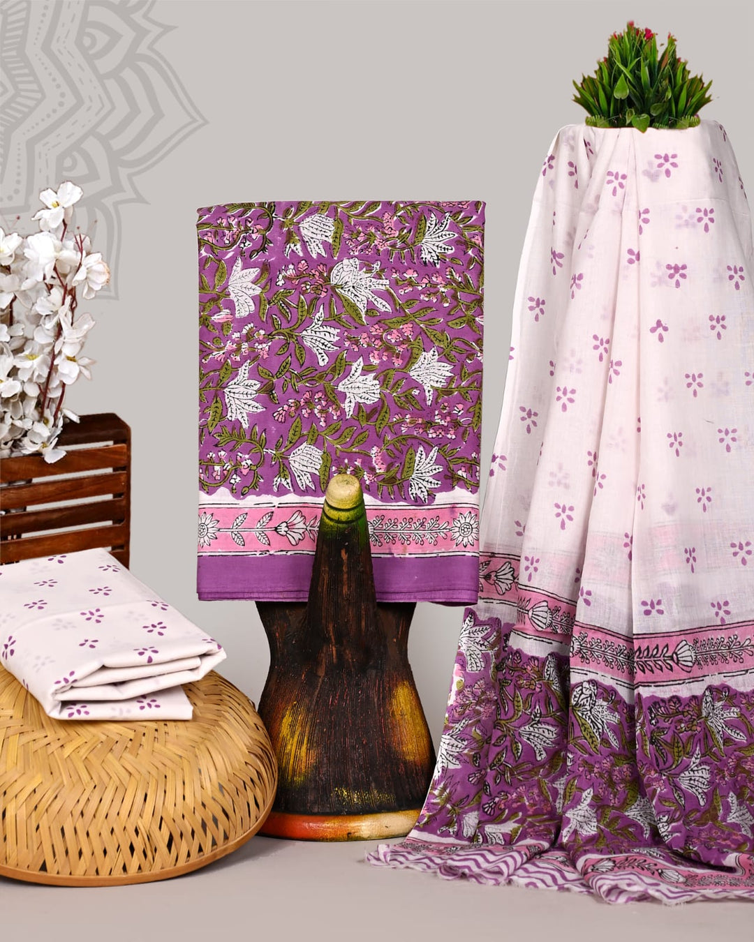 Pure Cotton Hand Block Print Unstitched Suit With Cotton Dupatta.