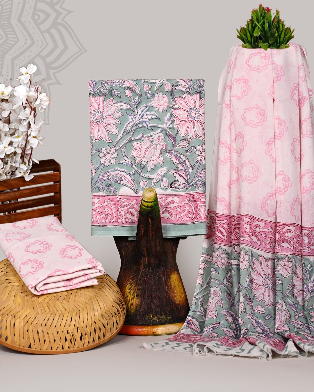 Pure Cotton Hand Block Print Unstitched Suit With Cotton Dupatta.
