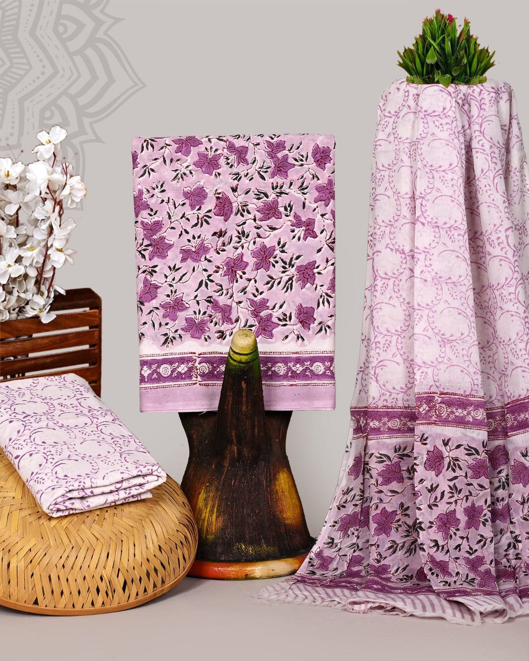 Pure Cotton Hand Block Print Unstitched Suit With Cotton Dupatta.