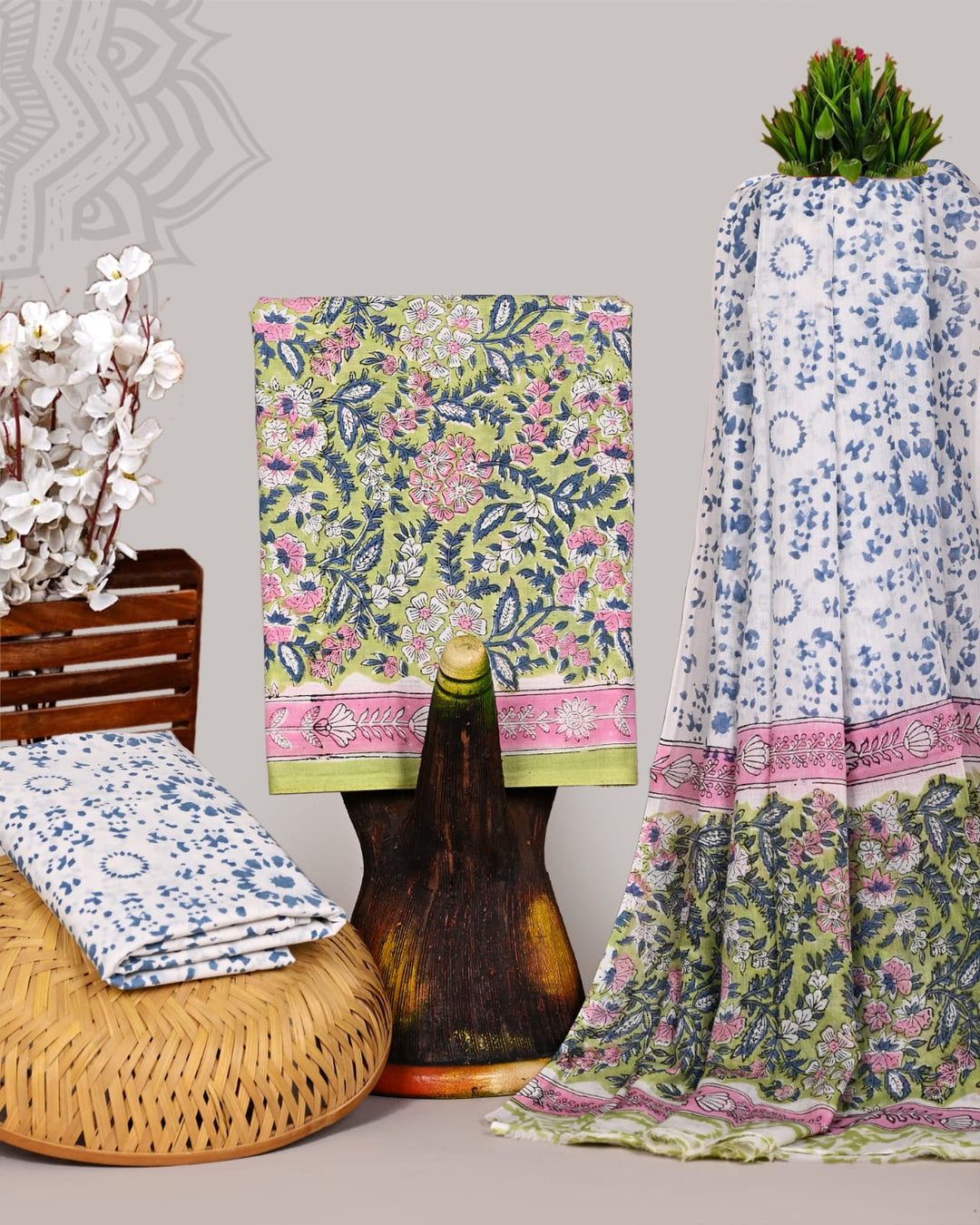 Pure Cotton Hand Block Print Unstitched Suit With Cotton Dupatta.