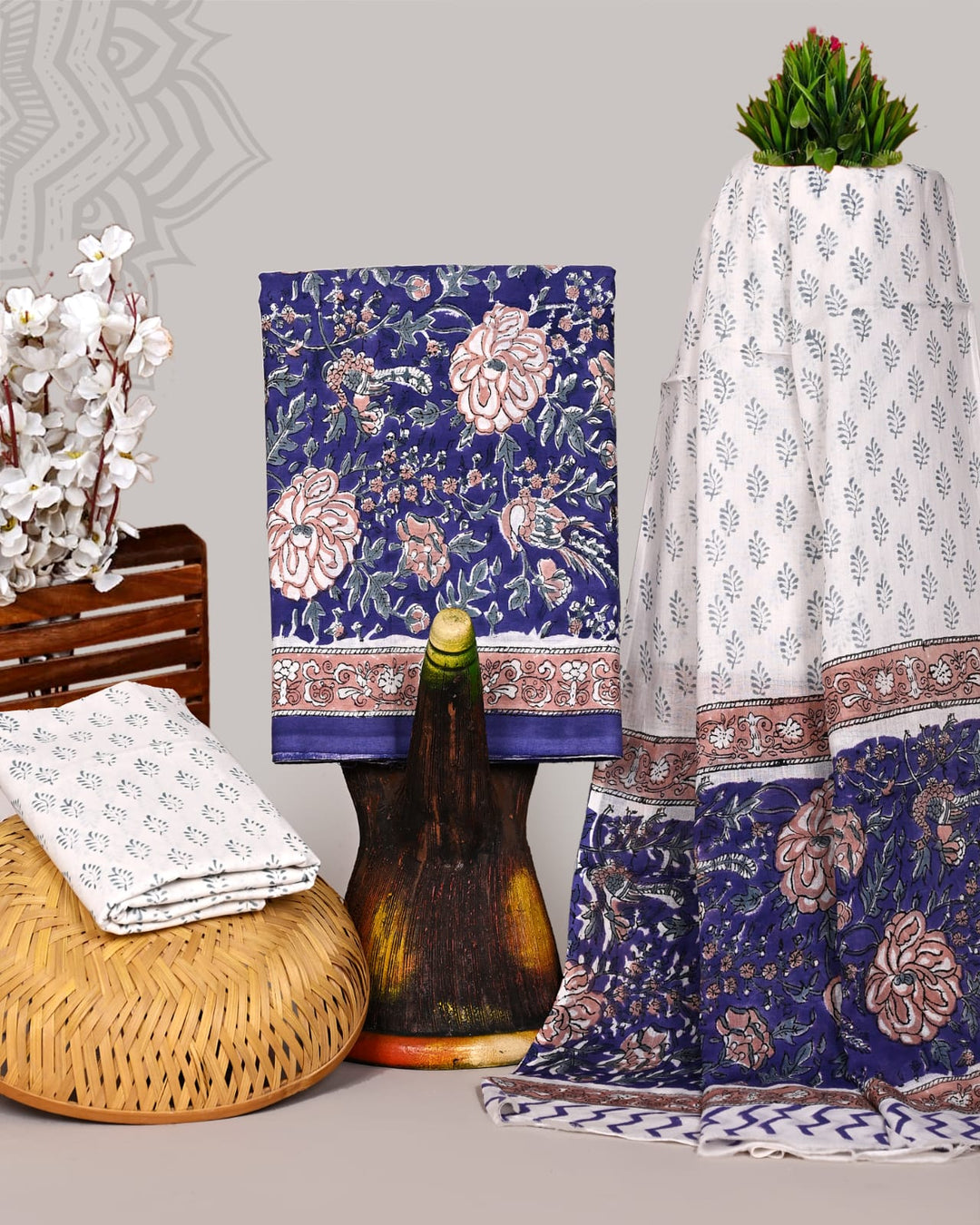 Pure Cotton Hand Block Print Unstitched Suit With Cotton Dupatta.