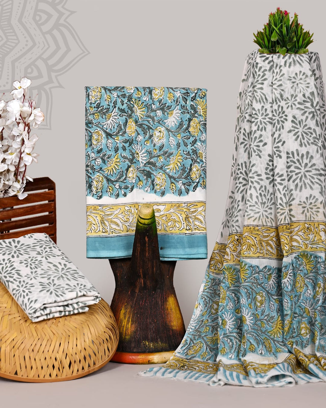Pure Cotton Hand Block Print Unstitched Suit With Cotton Dupatta.
