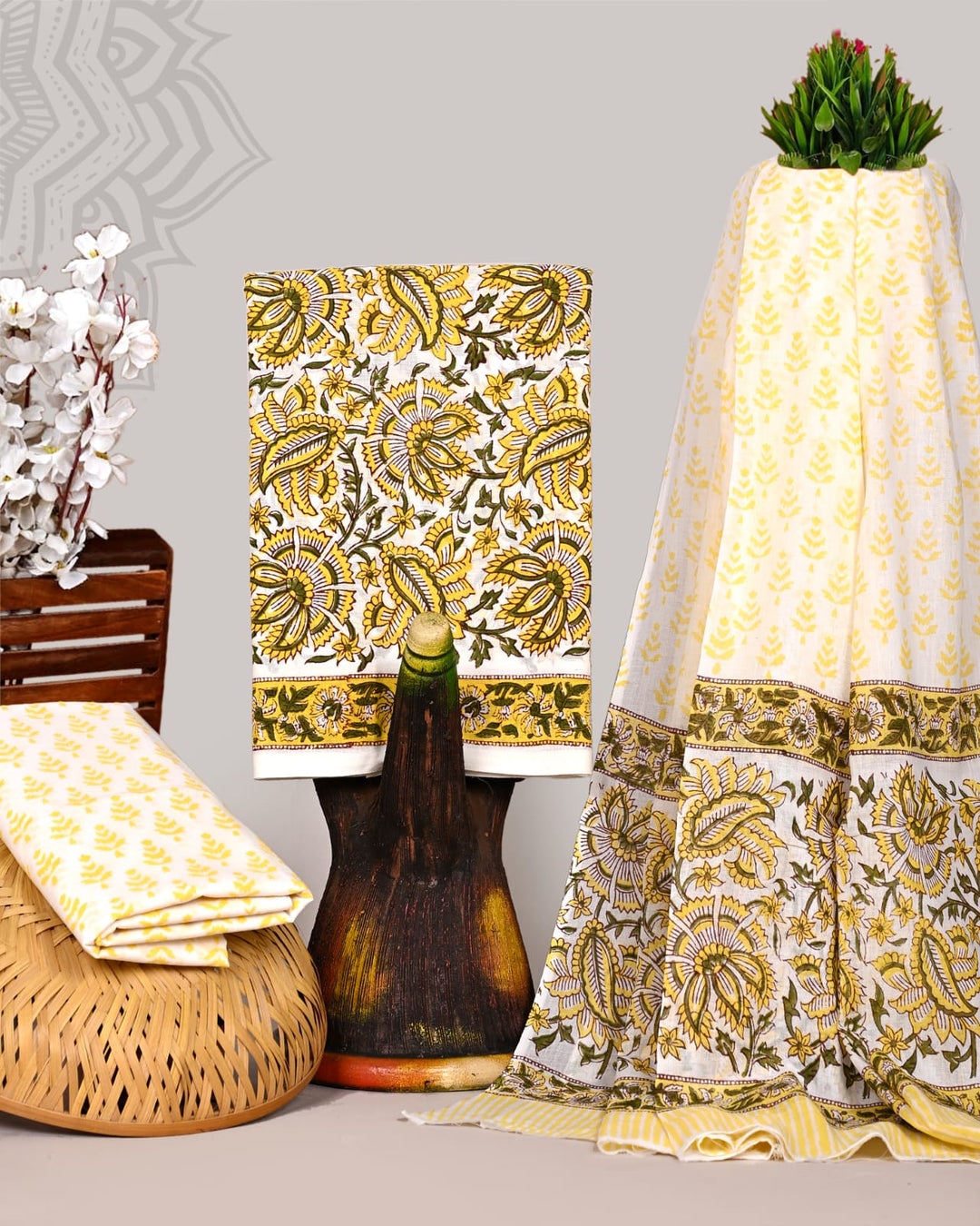 Pure Cotton Hand Block Print Unstitched Suit With Cotton Dupatta.