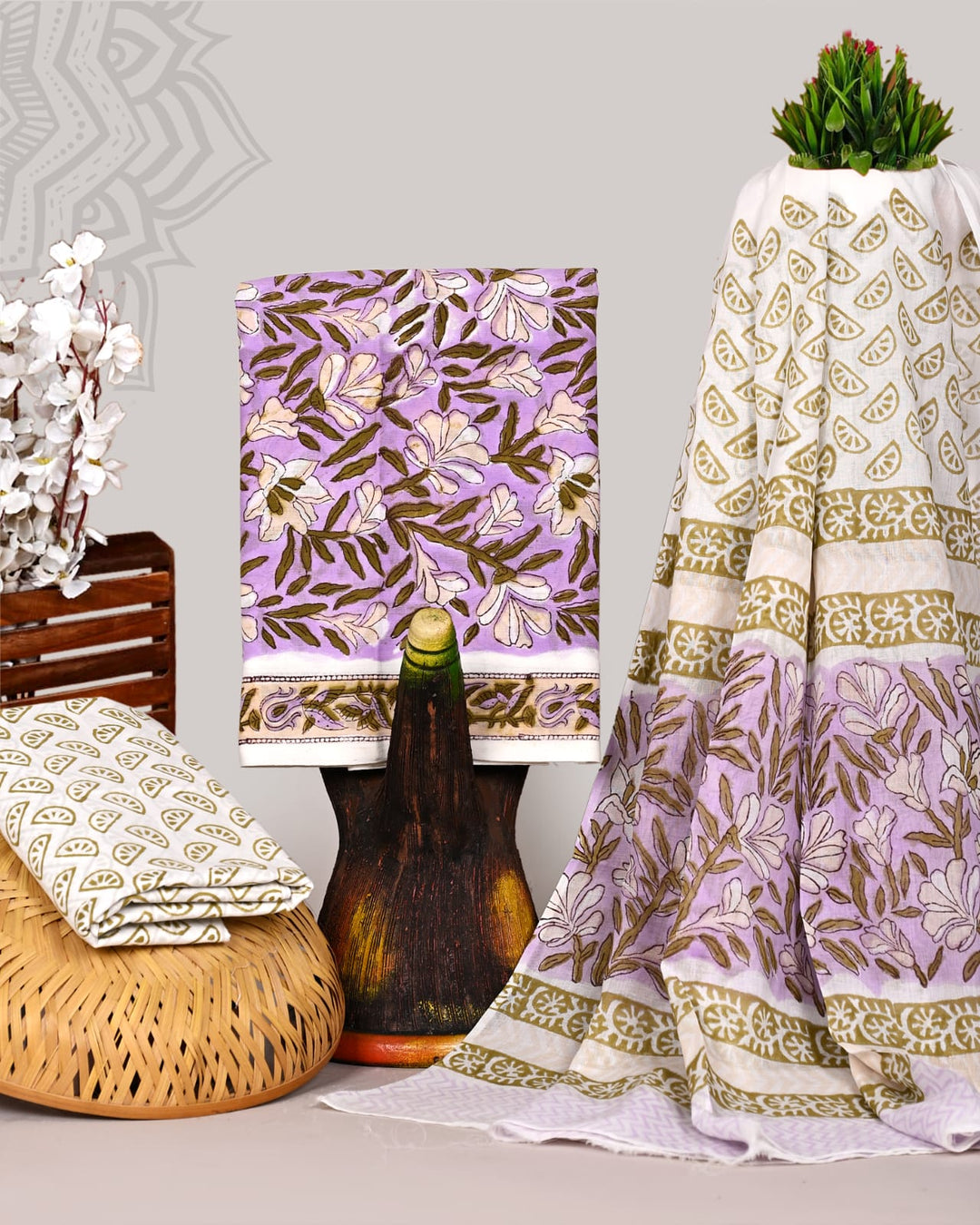 Pure Cotton Hand Block Print Unstitched Suit With Cotton Dupatta.