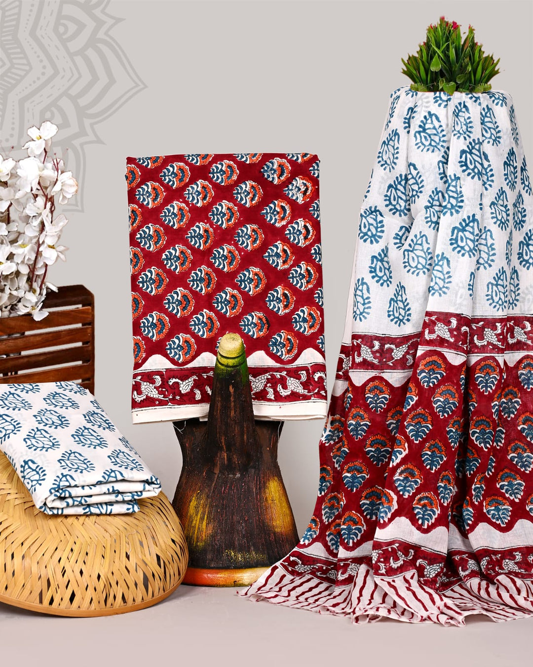Pure Cotton Hand Block Print Unstitched Suit With Cotton Dupatta.