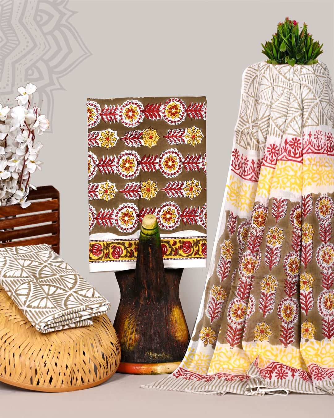 Pure Cotton Hand Block Print Unstitched Suit With Cotton Dupatta.