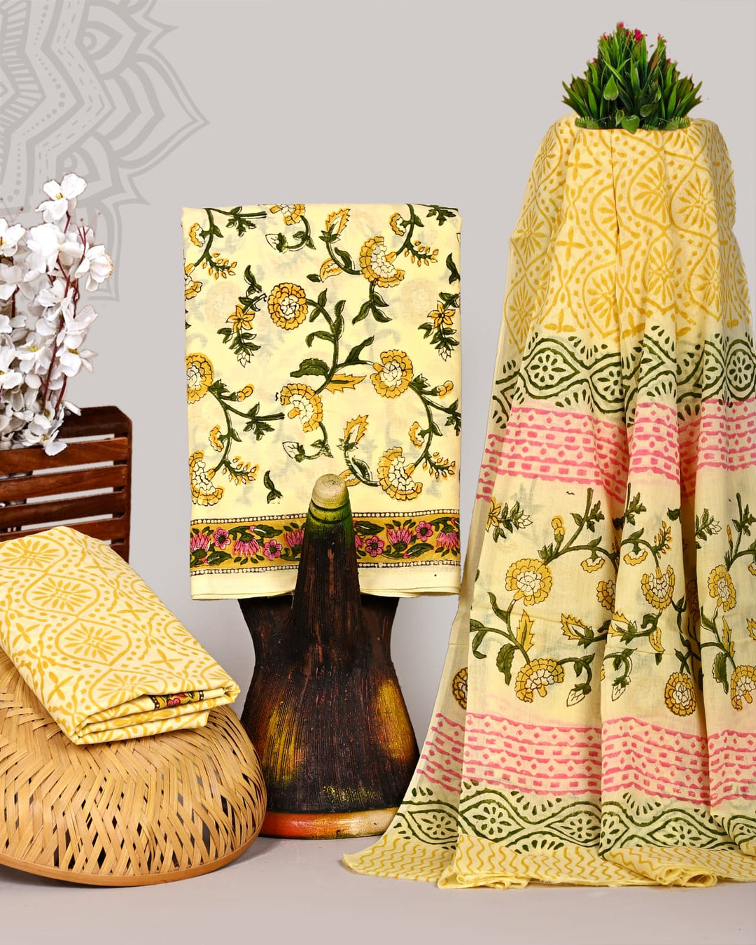 Pure Cotton Hand Block Print Unstitched Suit With Cotton Dupatta.