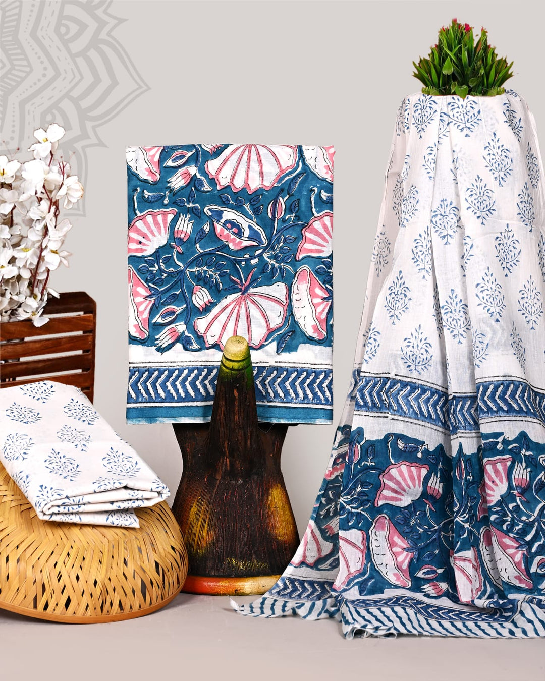 Pure Cotton Hand Block Print Unstitched Suit With Cotton Dupatta.