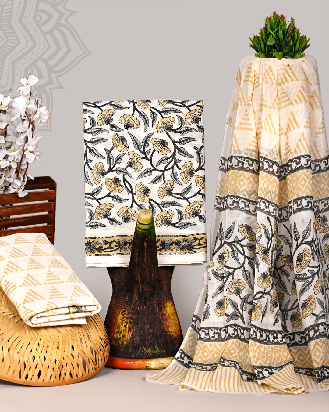 Pure Cotton Hand Block Print Unstitched Suit With Cotton Dupatta.