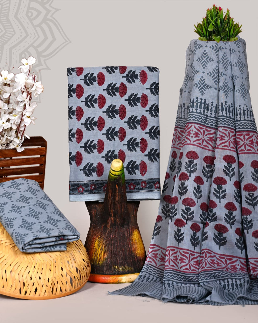 Pure Cotton Hand Block Print Unstitched Suit With Cotton Dupatta.