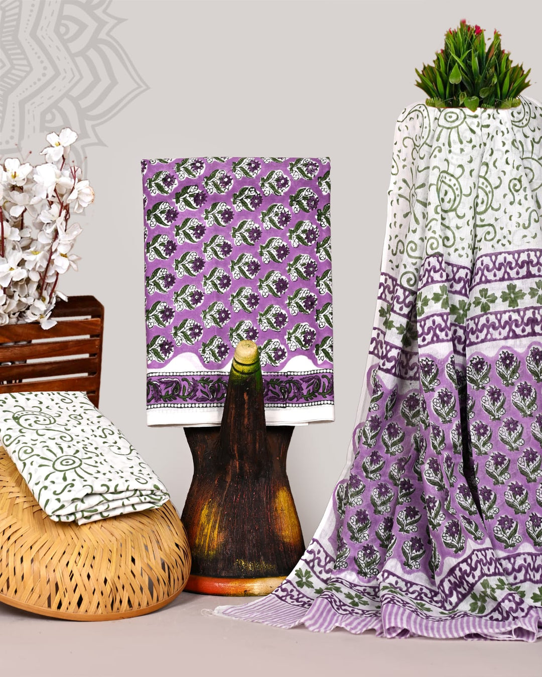 Pure Cotton Hand Block Print Unstitched Suit With Cotton Dupatta.