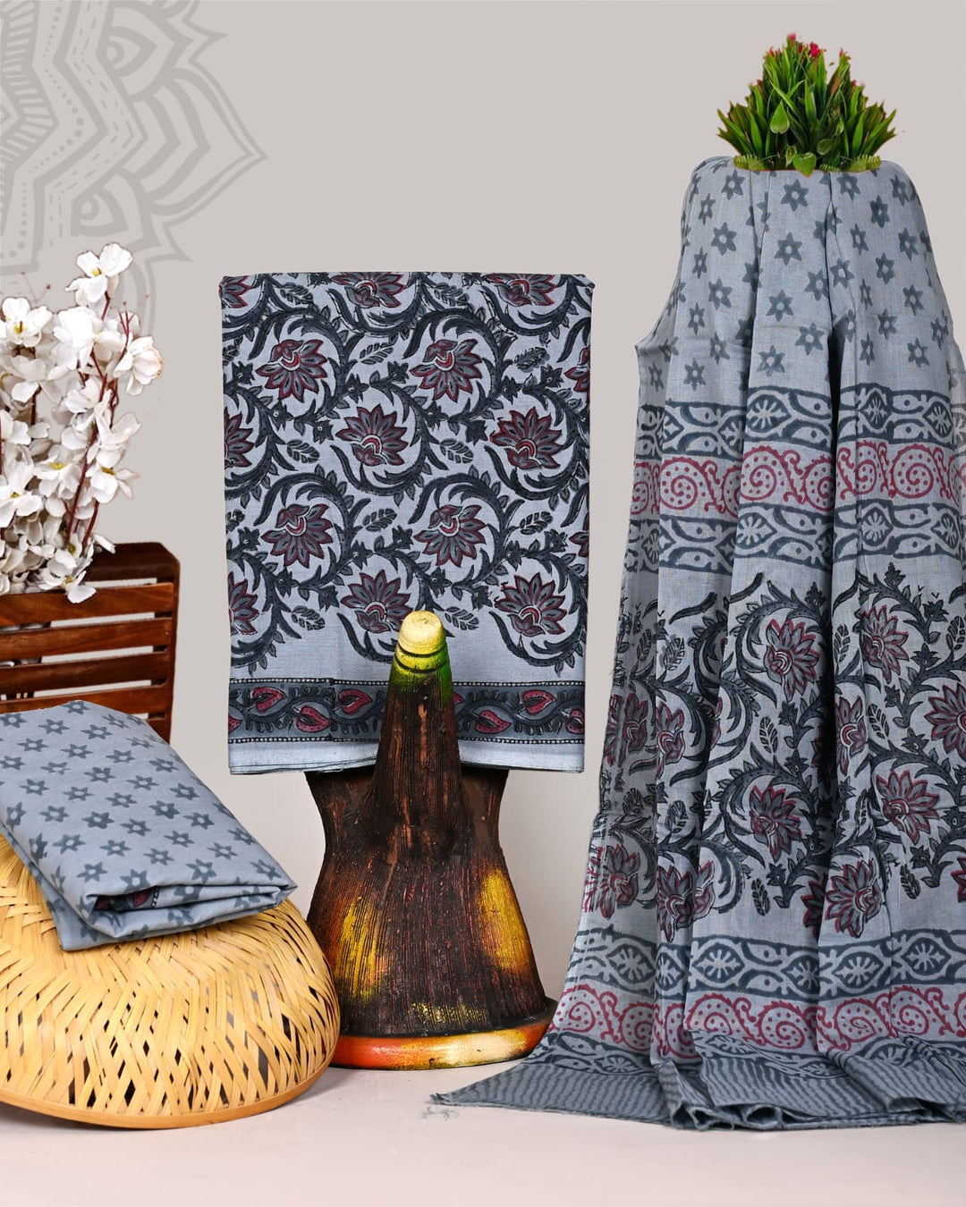 Pure Cotton Hand Block Print Unstitched Suit With Cotton Dupatta.