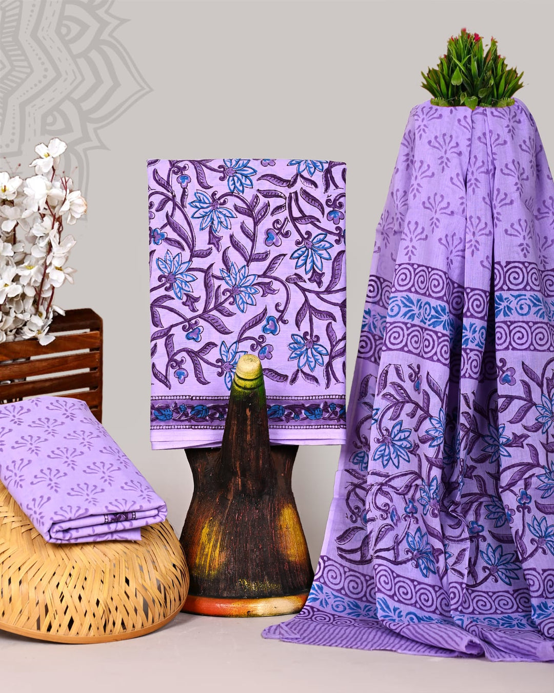 Pure Cotton Hand Block Print Unstitched Suit With Cotton Dupatta.