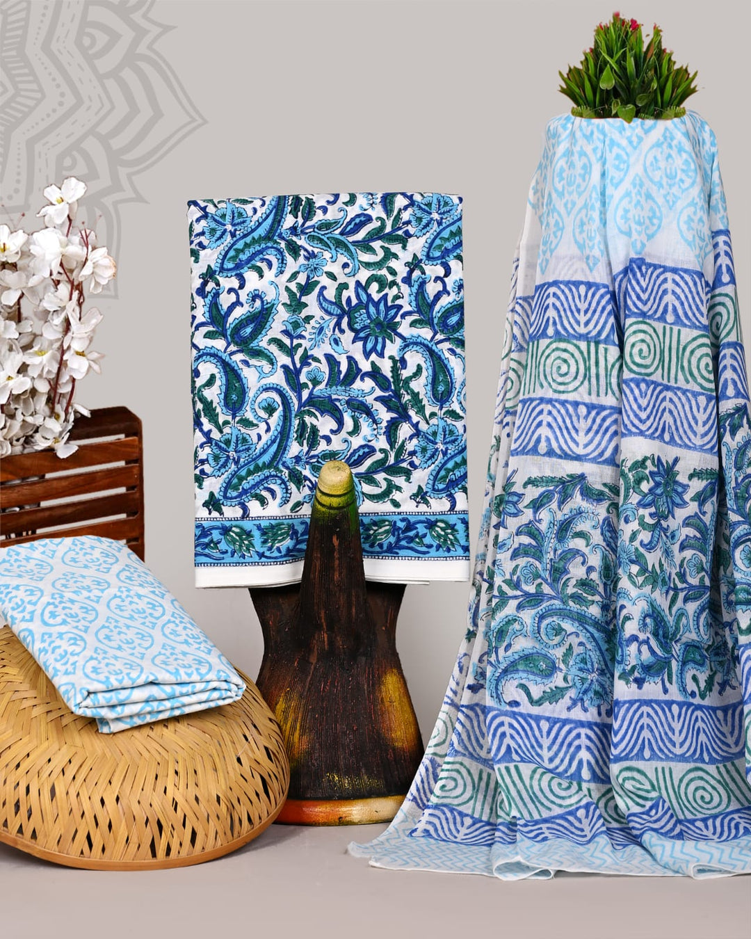 Pure Cotton Hand Block Print Unstitched Suit With Cotton Dupatta.