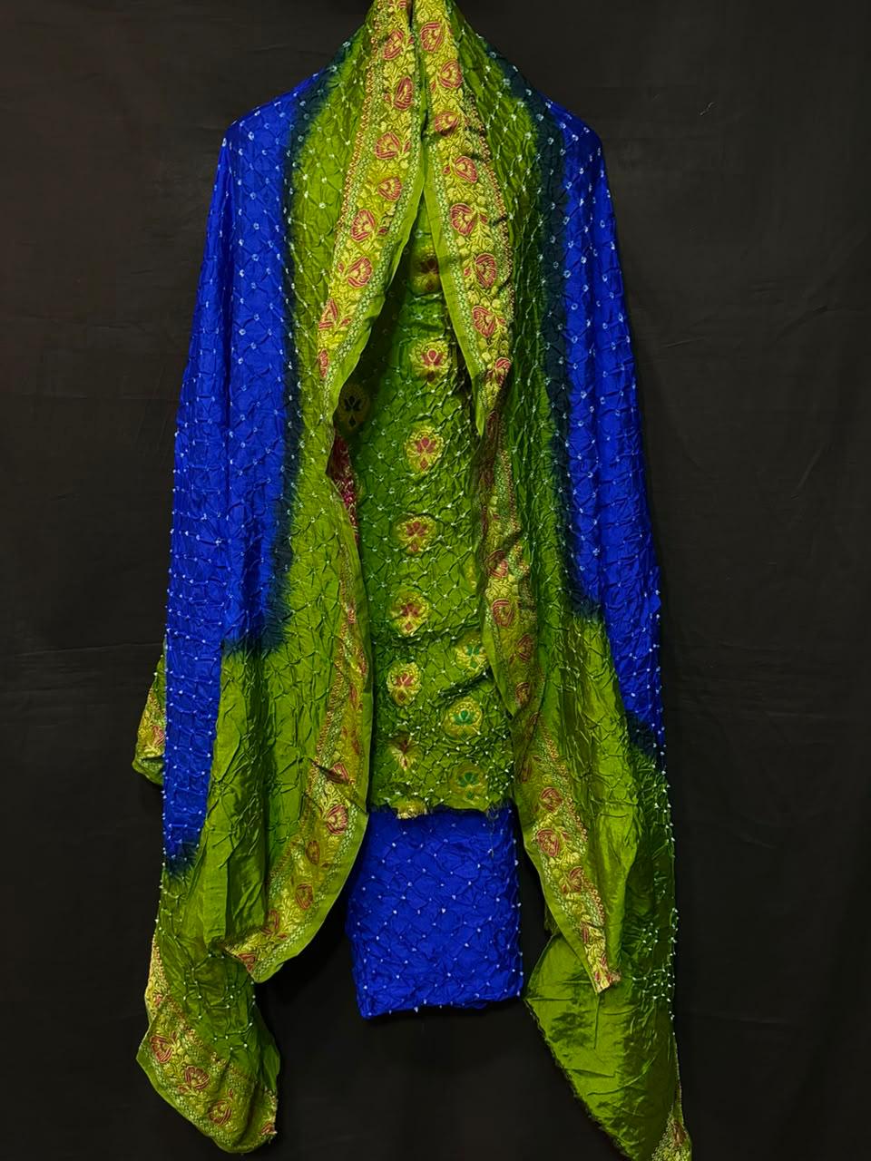 Pure Banarasi Dupion Silk Meenakari Work With Bandhej Print Unstitched Suit.