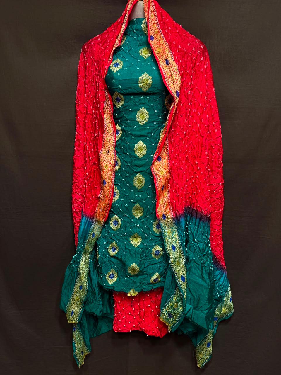 Pure Banarasi Dupion Silk Meenakari Work With Bandhej Print Unstitched Suit.