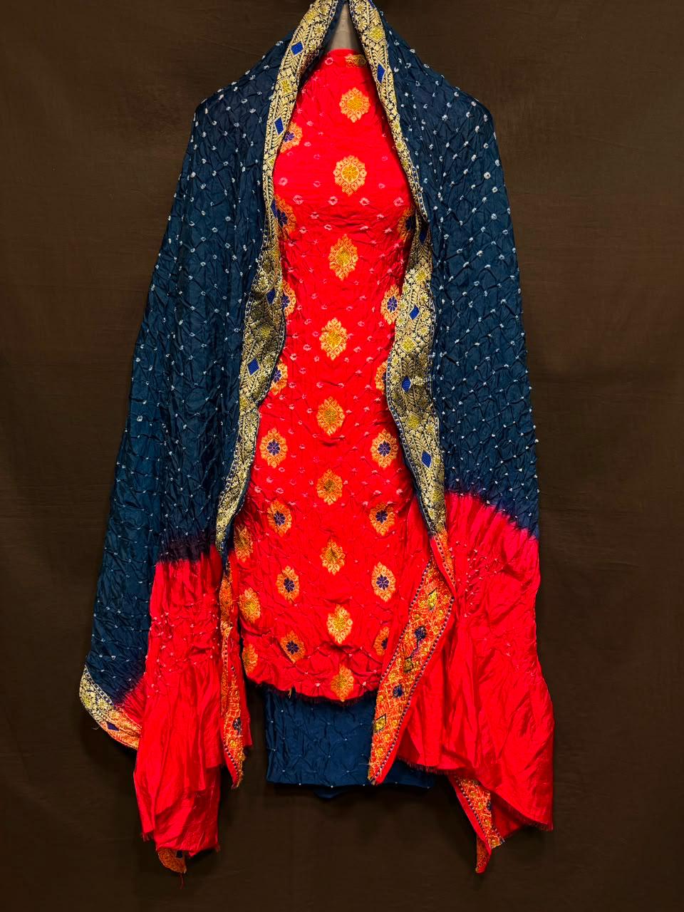 Pure Banarasi Dupion Silk Meenakari Work With Bandhej Print Unstitched Suit.