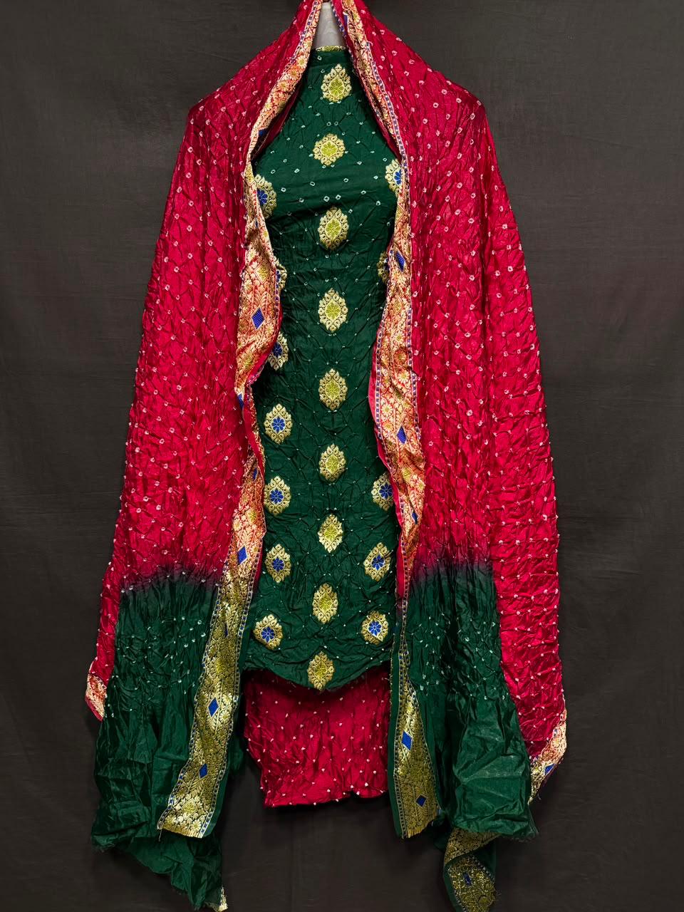 Pure Banarasi Dupion Silk Meenakari Work With Bandhej Print Unstitched Suit.