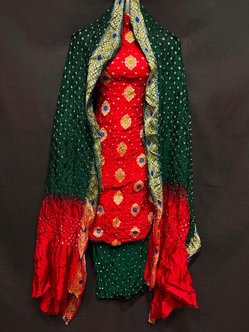 Pure Banarasi Dupion Silk Meenakari Work With Bandhej Print Unstitched Suit.