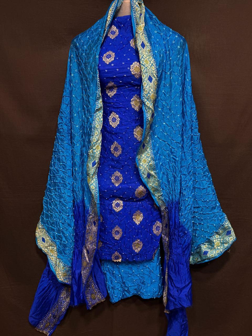 Pure Banarasi Dupion Silk Meenakari Work With Bandhej Print Unstitched Suit.