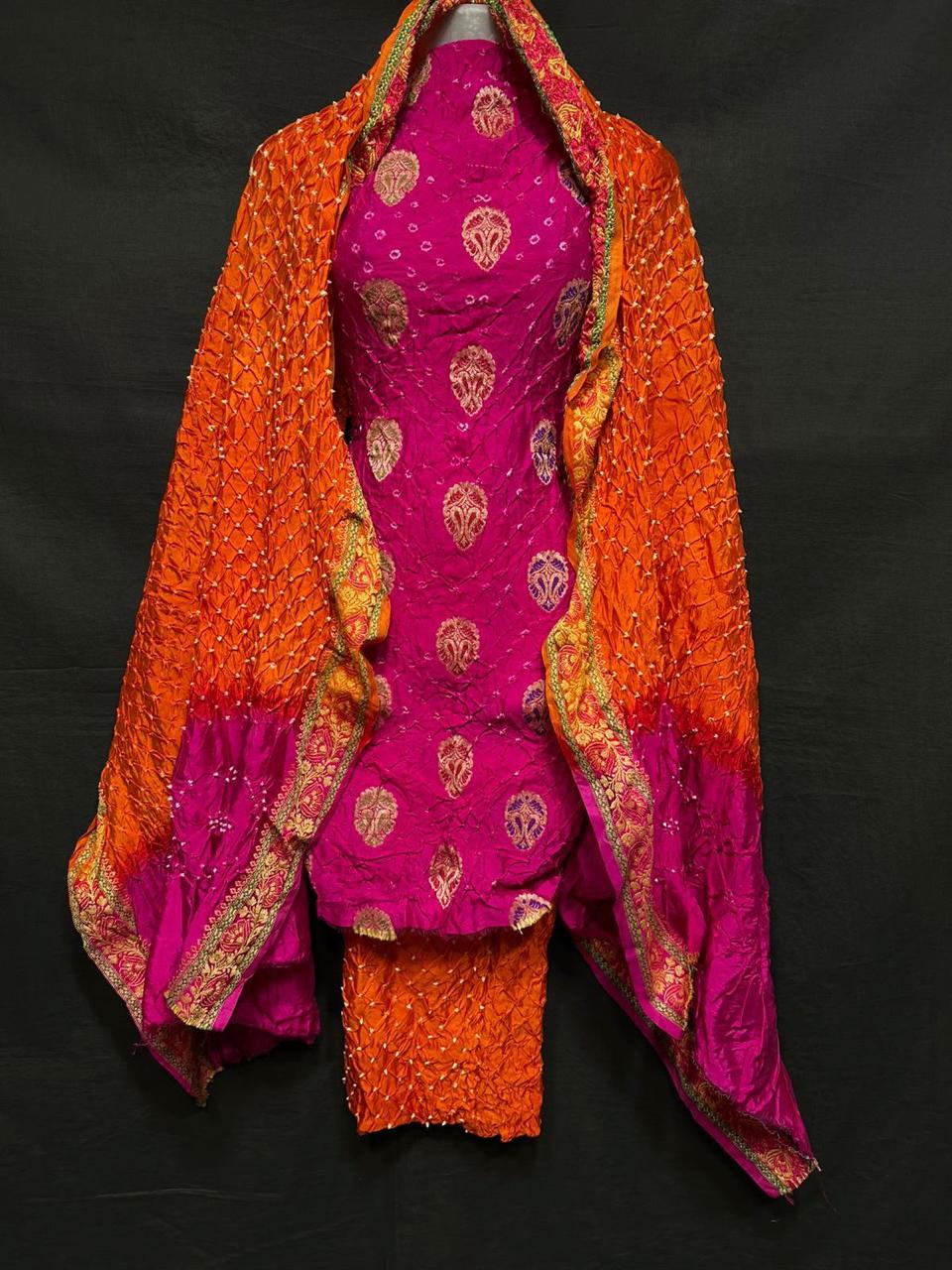 Pure Banarasi Dupion Silk Meenakari Work With Bandhej Print Unstitched Suit.