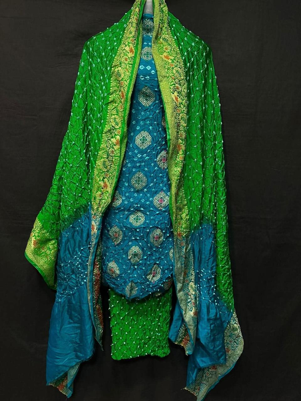 Pure Banarasi Dupion Silk Meenakari Work With Bandhej Print Unstitched Suit.