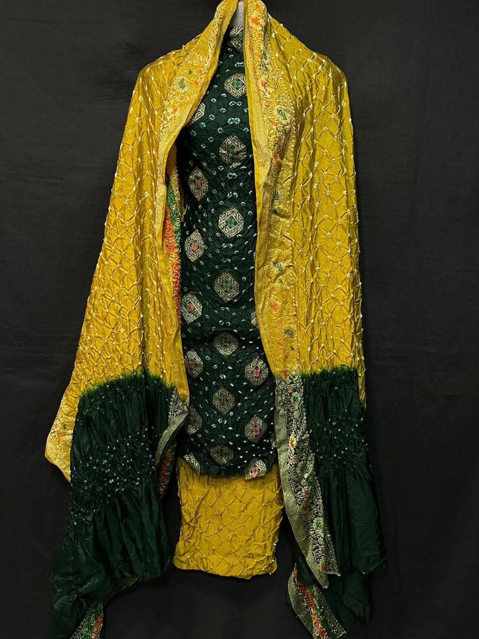 Pure Banarasi Dupion Silk Meenakari Work With Bandhej Print Unstitched Suit.
