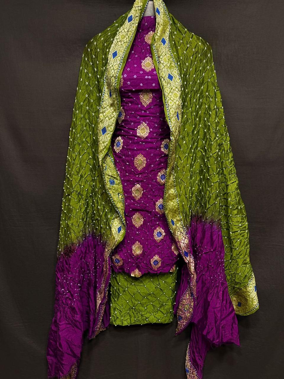 Pure Banarasi Dupion Silk Meenakari Work With Bandhej Print Unstitched Suit.