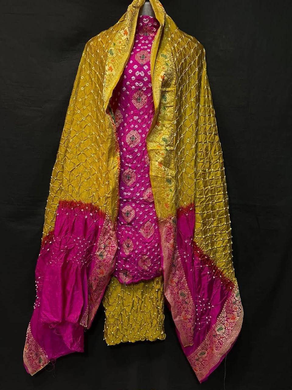 Pure Banarasi Dupion Silk Meenakari Work With Bandhej Print Unstitched Suit.