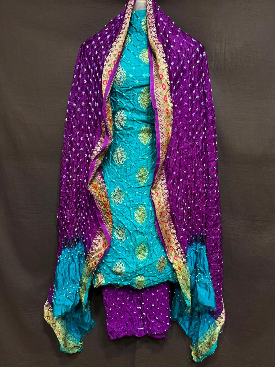 Pure Banarasi Dupion Silk Meenakari Work With Bandhej Print Unstitched Suit.