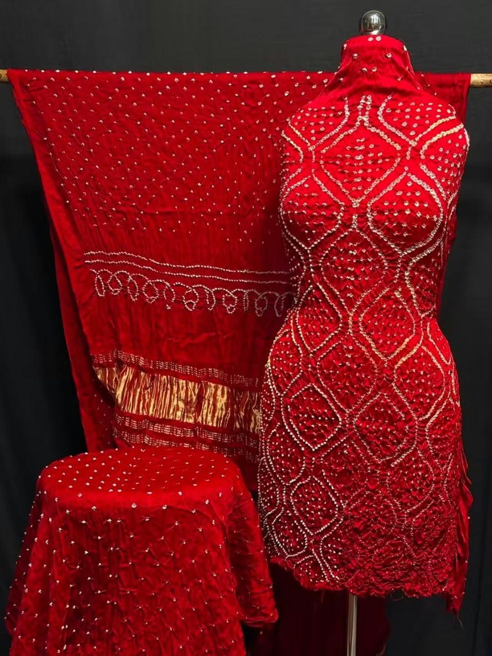 Pure Modal Silk Bandhani Print Unstitched Suit .