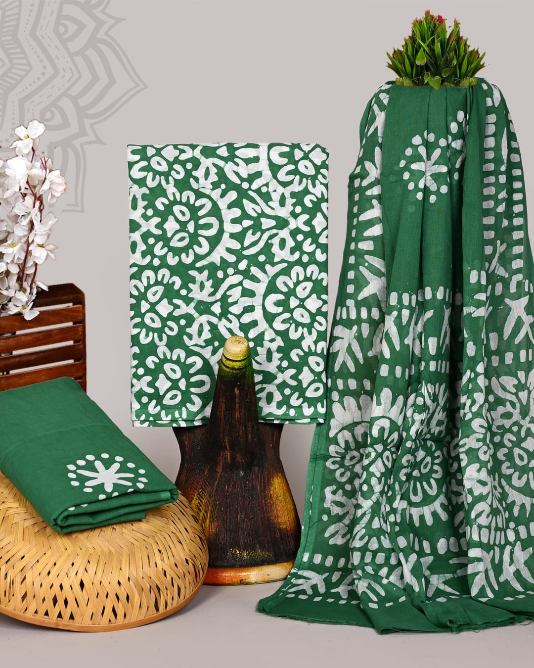 Pure Cotton Hand Block Print Unstitched Suit With Cotton Dupatta.