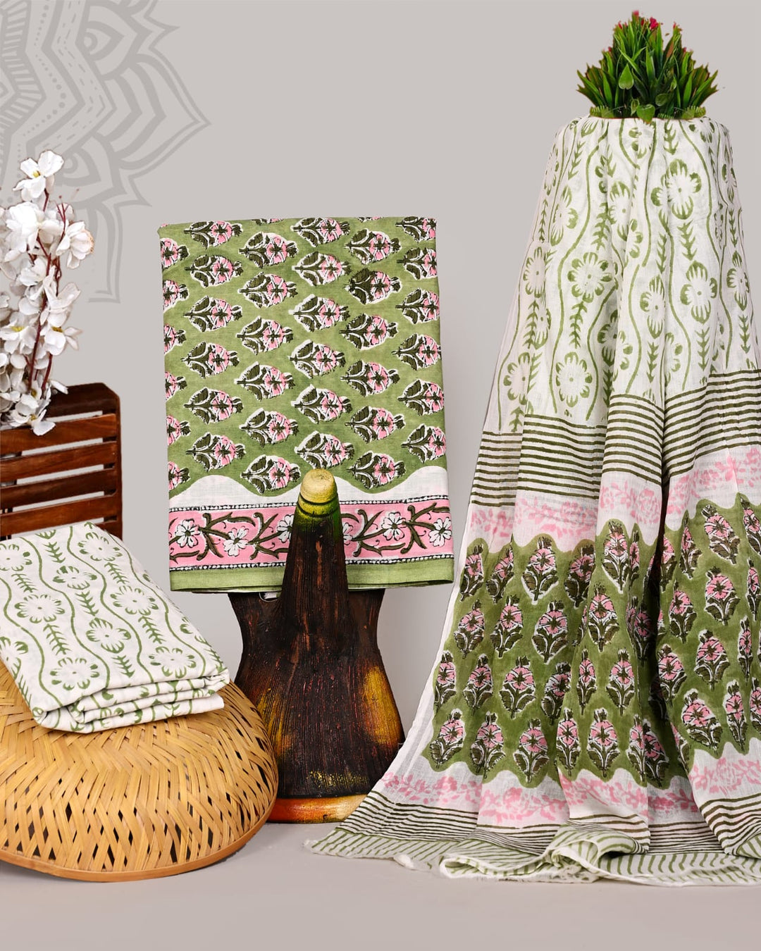 Pure Cotton Hand Block Print Unstitched Suit With Cotton Dupatta.