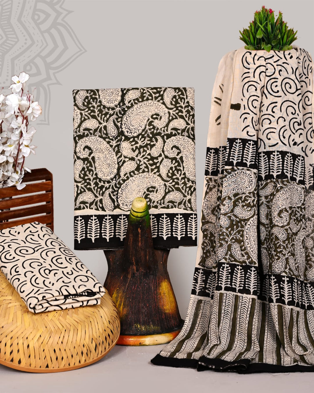 Pure Cotton Hand Block Print Unstitched Suit With Cotton Dupatta.
