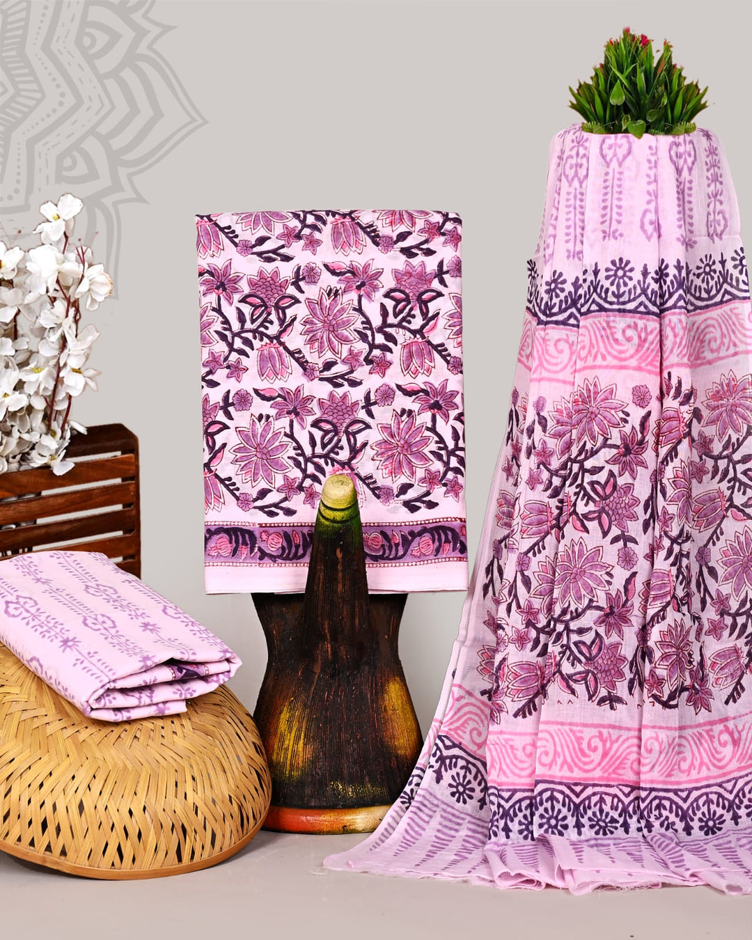 Pure Cotton Hand Block Print Unstitched Suit With Cotton Dupatta.
