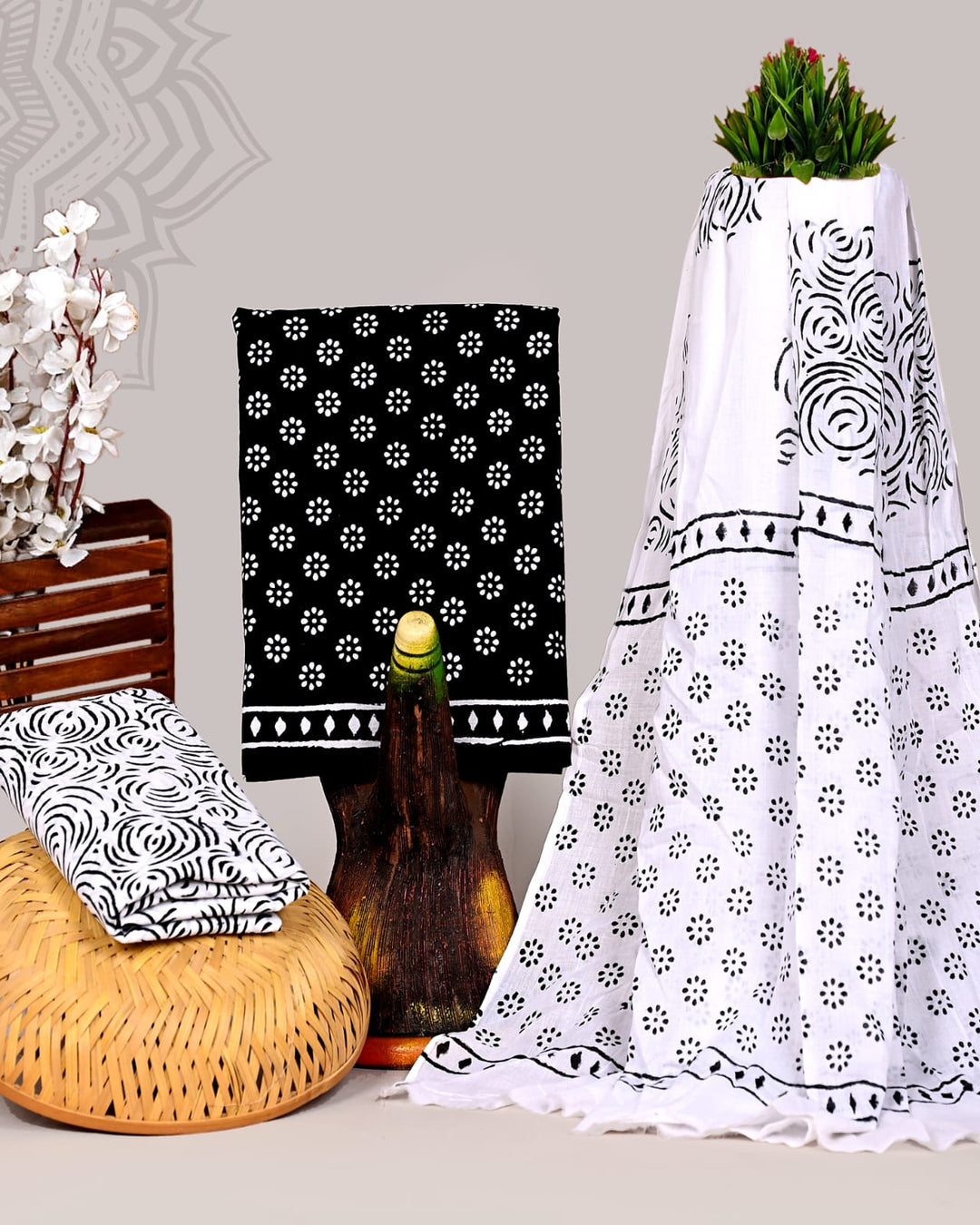 Pure Cotton Hand Block Print Unstitched Suit With Cotton Dupatta.
