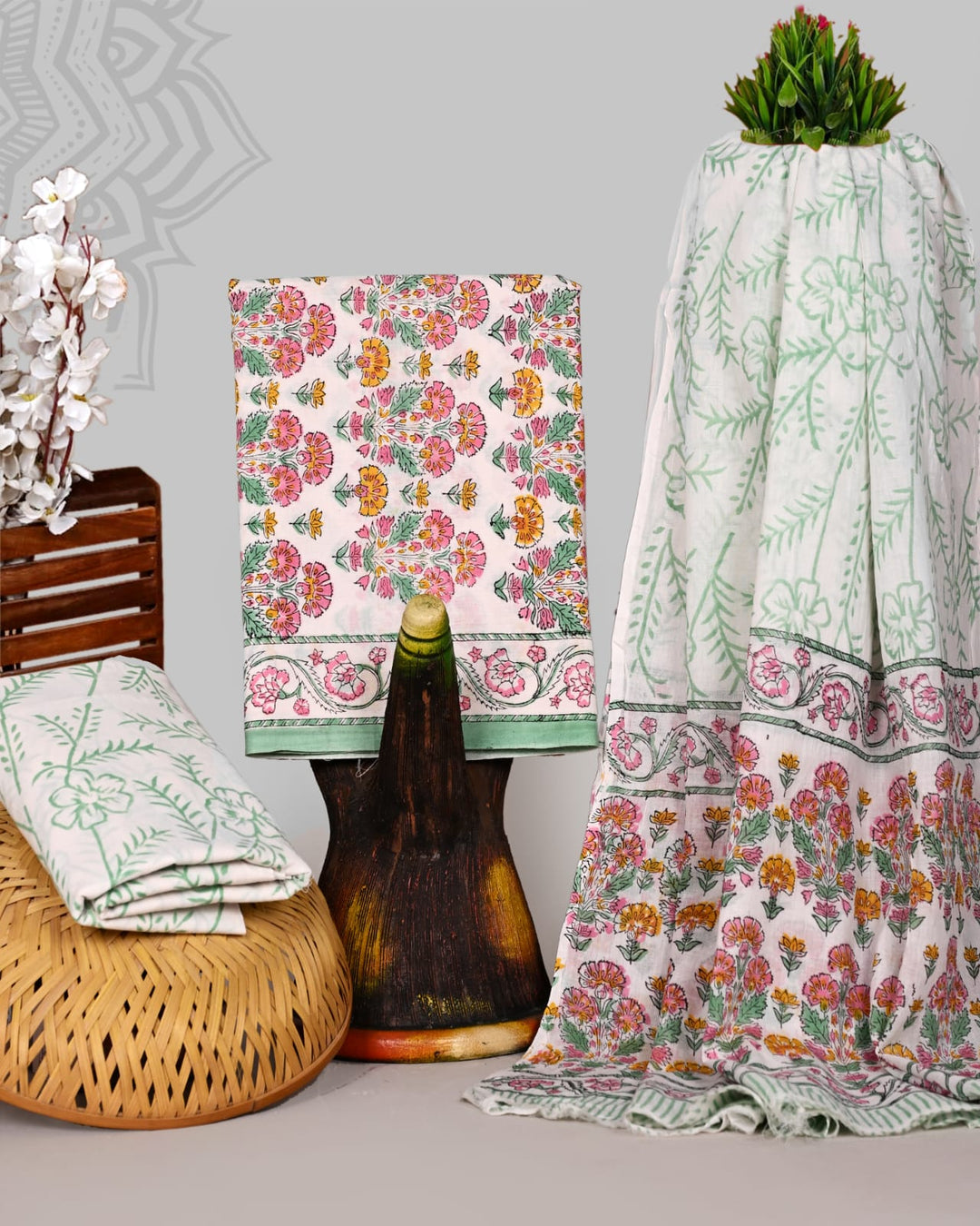 Pure Cotton Hand Block Print Unstitched Suit With Cotton Dupatta.
