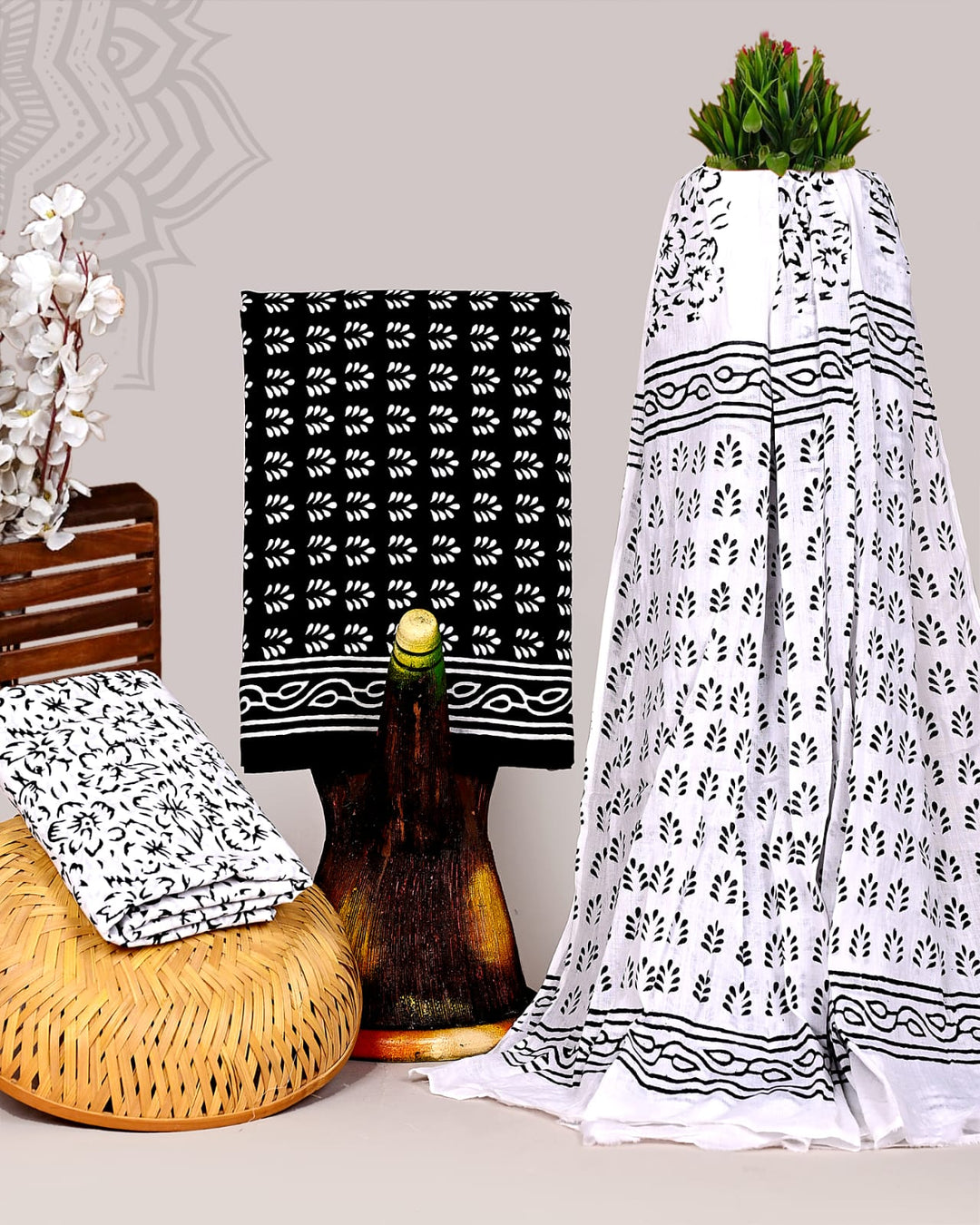Pure Cotton Hand Block Print Unstitched Suit With Cotton Dupatta.