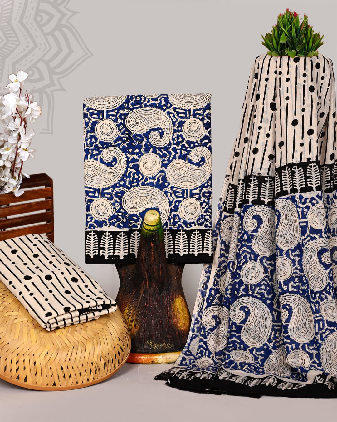 Pure Cotton Hand Block Print Unstitched Suit With Cotton Dupatta.