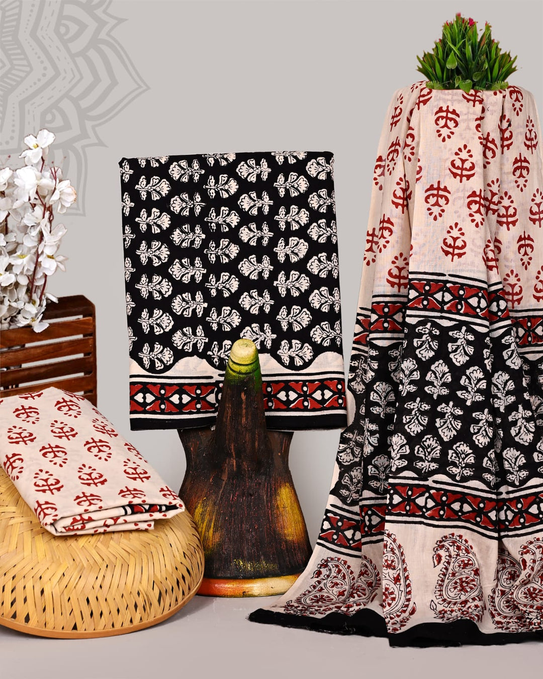 Pure Cotton Hand Block Print Unstitched Suit With Cotton Dupatta.