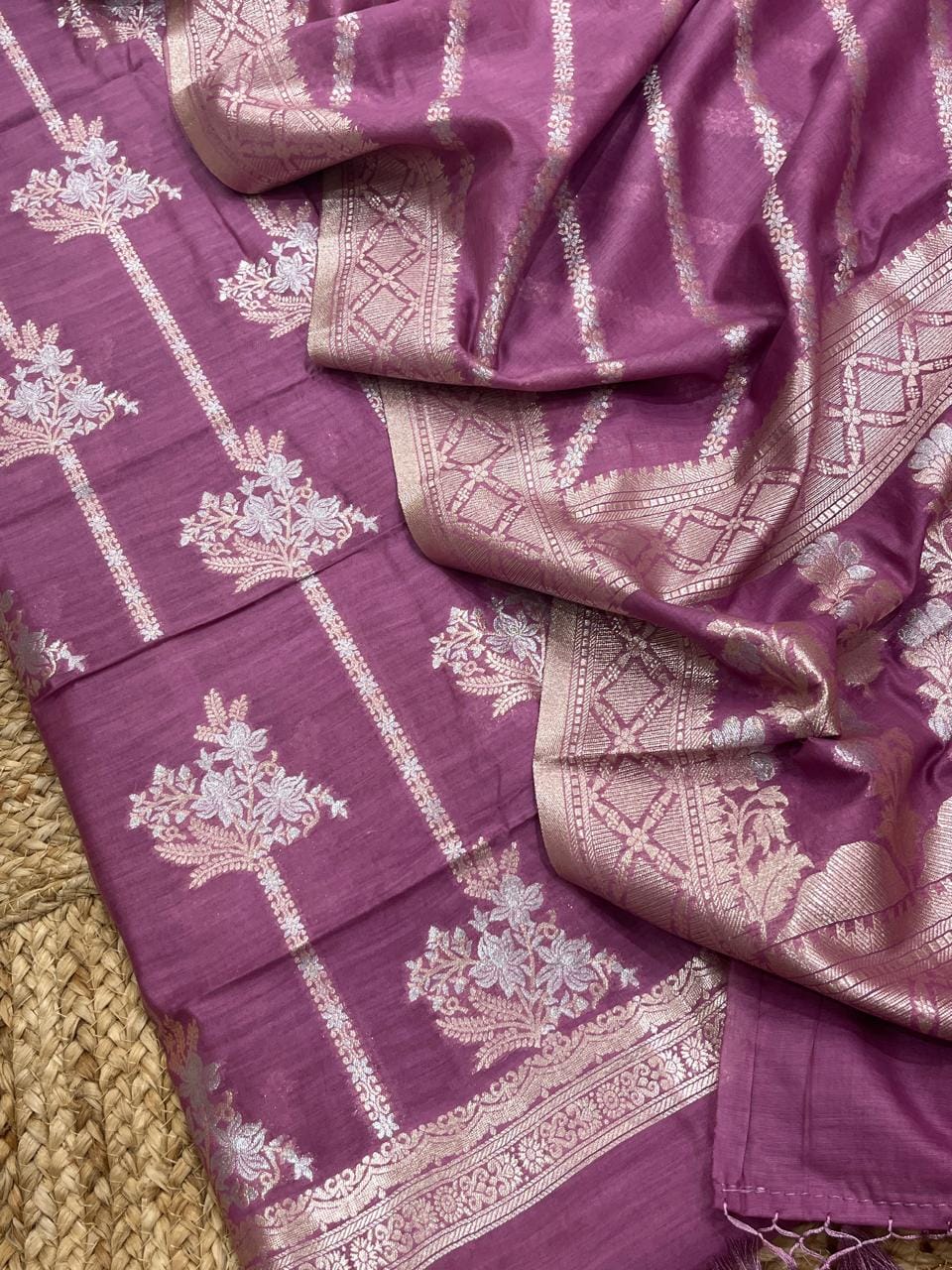 Pure Banarasi Resham Chanderi Silk Zari Weaved  Unstitched Suit .