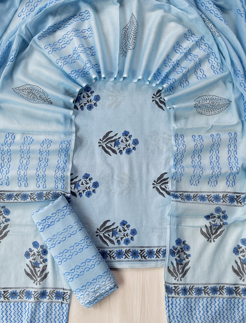 Pure Cotton Hand Block Print Unstitched Suit With Cotton Dupatta