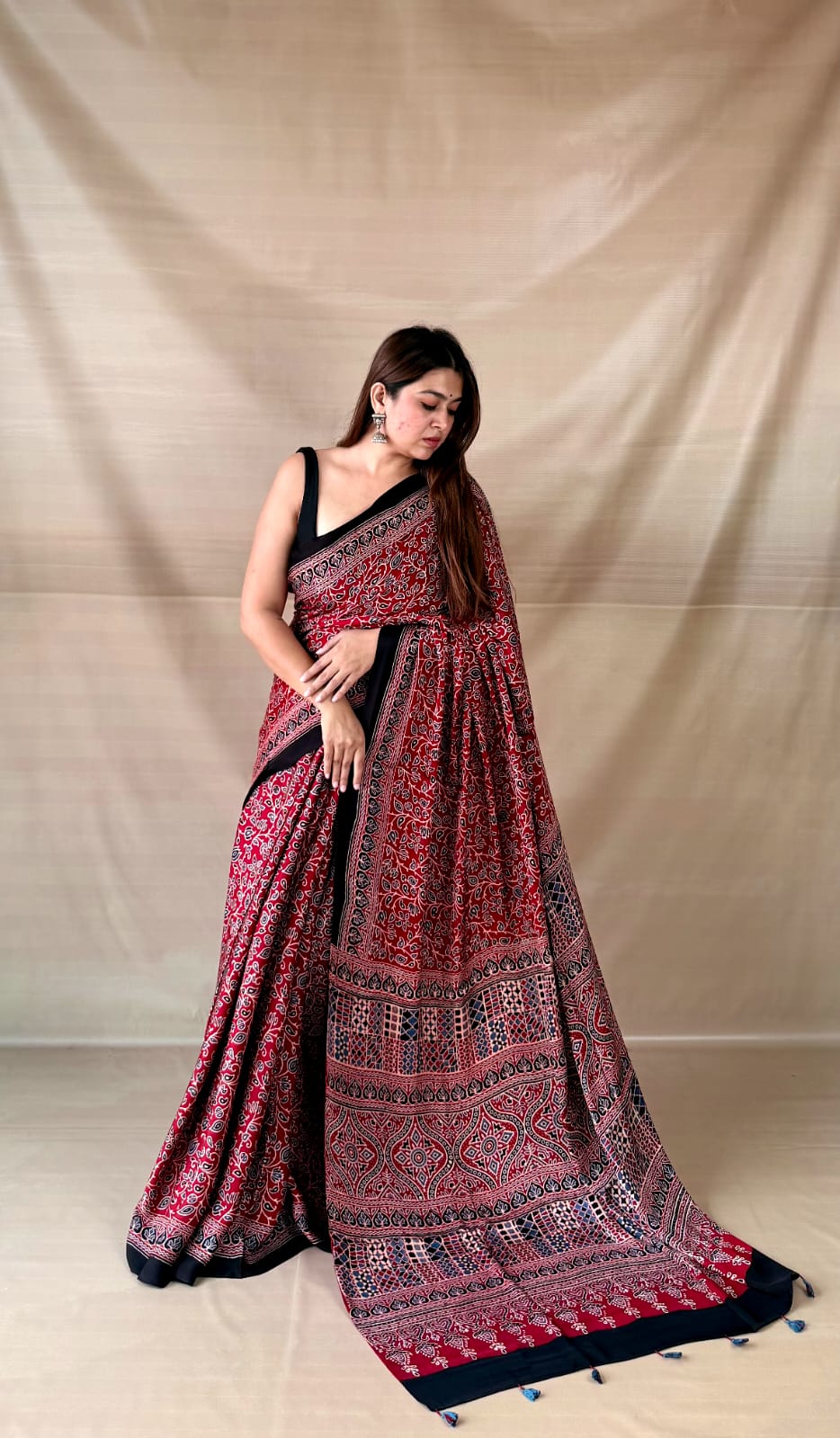 Pure Modal SilK Ajrakh HandBlock Print Natural Dye  Saree.