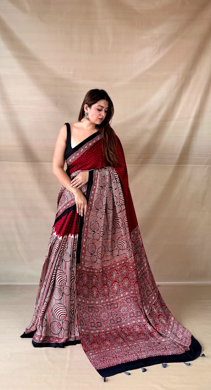 Pure Modal SilK Ajrakh HandBlock Print Natural Dye  Saree.