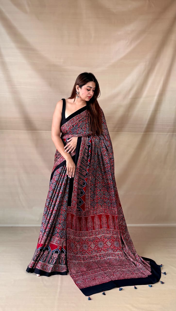 Pure Modal SilK Ajrakh HandBlock Print Natural Dye  Saree.