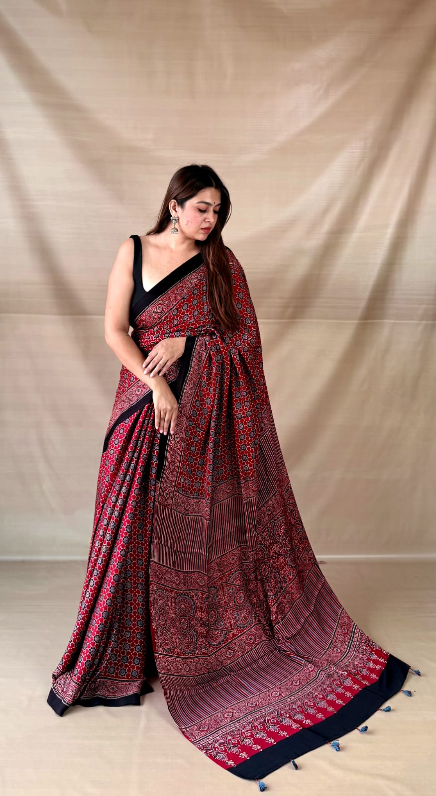 Pure Modal SilK Ajrakh HandBlock Print Natural Dye  Saree.